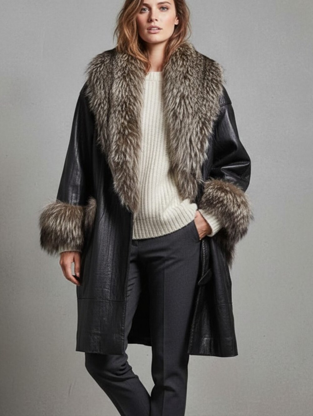 Vintage Black Leather Coat Silver Fox Fur Collar & Cuffs L-XL Baddie